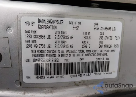 2003 Dodge Caravan Se z USA, uszkodzony, nr VIN 1D4GP25323B121651